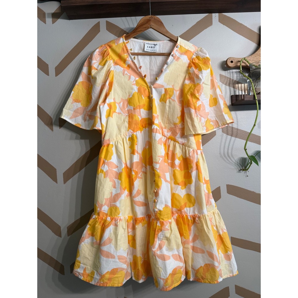 Sabo Floral Boxy Mini Dress Womens Size 6 Yellow Orange‎ Cotton Tiered Button Up